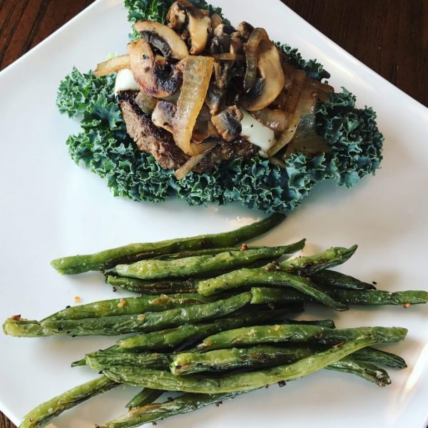 Swiss Mushroom Burgers w/ Crispy Green Beans